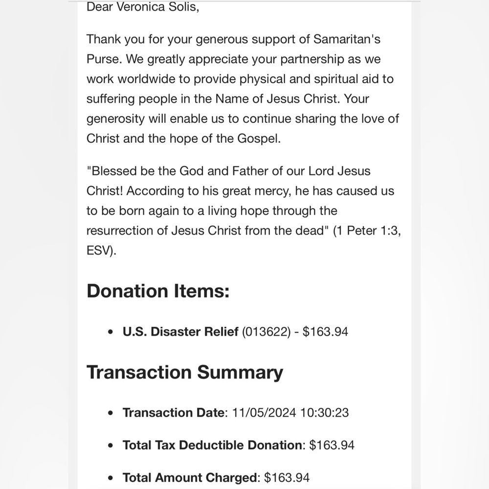 Donations made to Samaritans Purse Helene Hurricane Relief